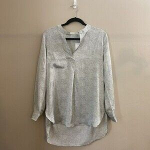 Bishop + Young Womens Tunic Top Small Satin Pullover White Micro Dot